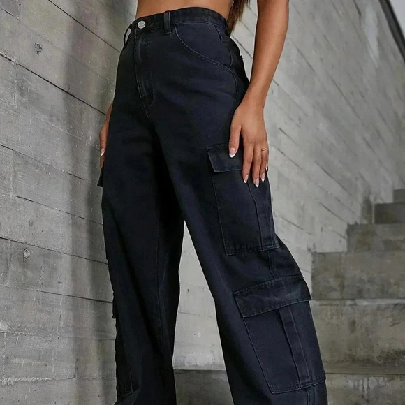 Black Casual Womens Zipper Fly Flap Pocket Boyfriend Jeans - Picture 4 of 5